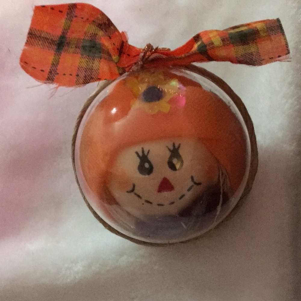 Orange Scarecrow Ornament with Plaid Bow